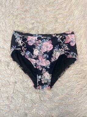 Blu C Womens Plus Size 1X Black Floral Swimwear High Waisted Bikini Bottoms Boho